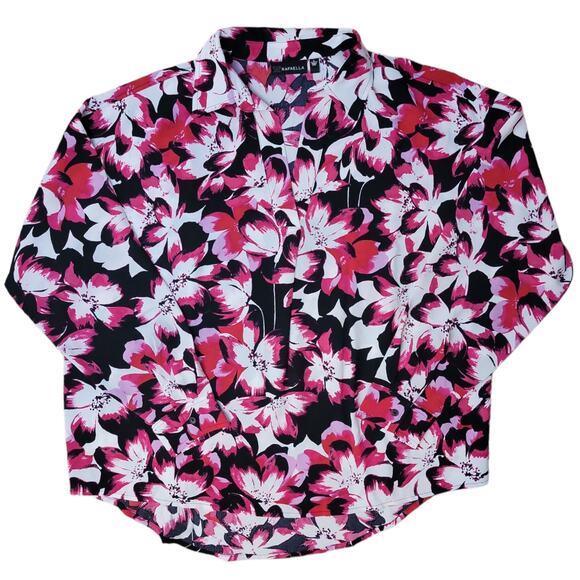 Rafaella Ladies Relaxed Fit Soft Textured High-Low Hem Cuffed Sleeve Woven Top - Picture 1 of 2